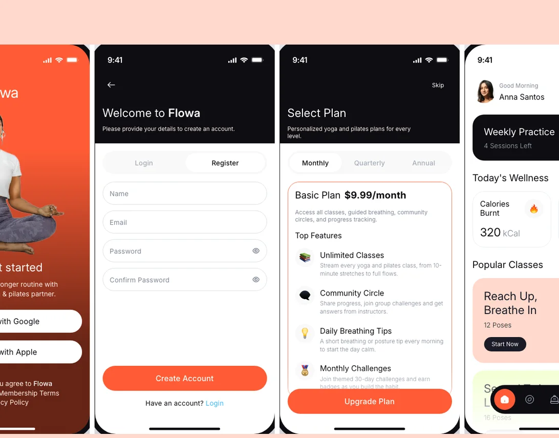 Flowa yoga app screens