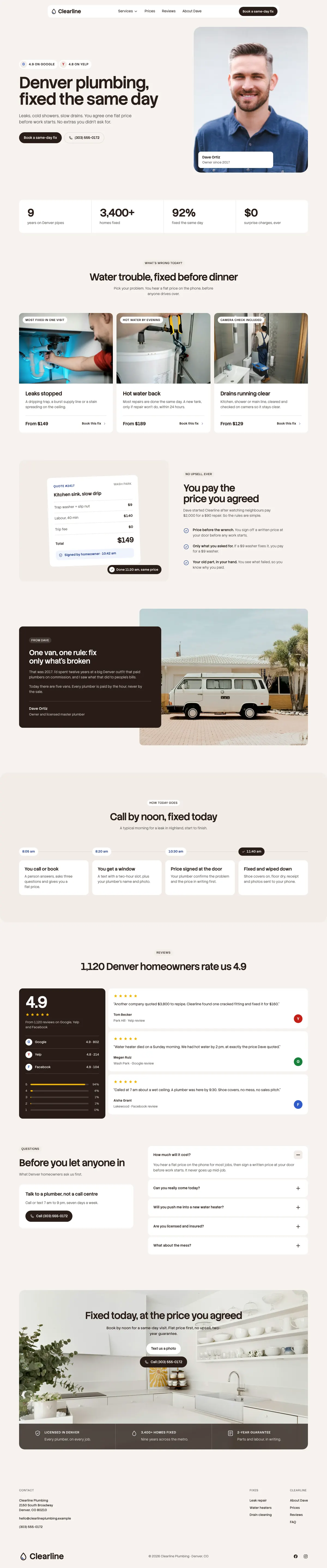 Clearline Plumbing homepage, made with Raylo