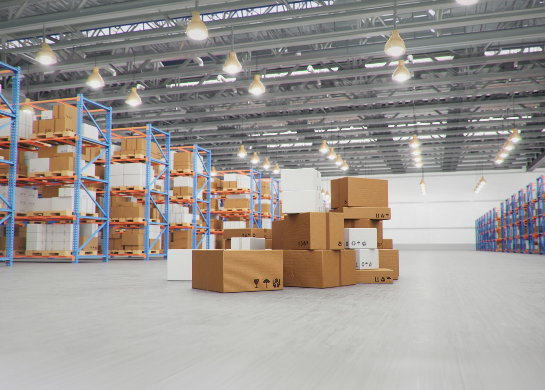 Warehouse with stacked boxes